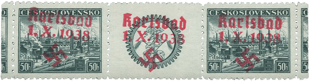 Sudetenland | czechoslovakian stamp overprint | german occupation | Karlovy Vary | Carlsbad | 1938 | Michel 62WZ