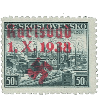 Sudetenland | czechoslovakian stamp overprint | german occupation | Karlovy Vary | Carlsbad | 1938 | Michel 63