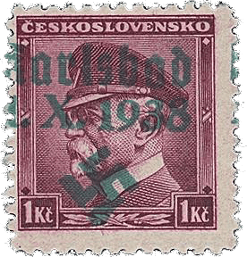Sudetenland | czechoslovakian stamp overprint | german occupation | Karlovy Vary | Carlsbad | 1938 | Michel 9