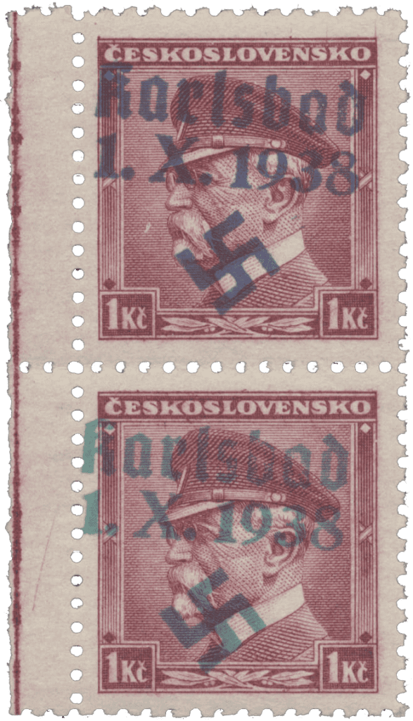 Sudetenland | czechoslovakian stamp overprint | german occupation | Karlovy Vary | Carlsbad | 1938 | Michel 9