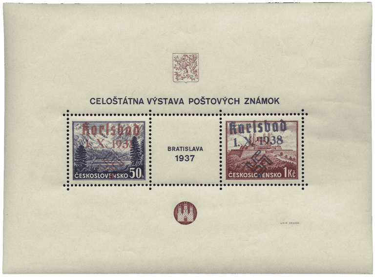 Sudetenland | czechoslovakian stamp overprint | german occupation | Karlovy Vary | Carlsbad | 1938 | Block 1