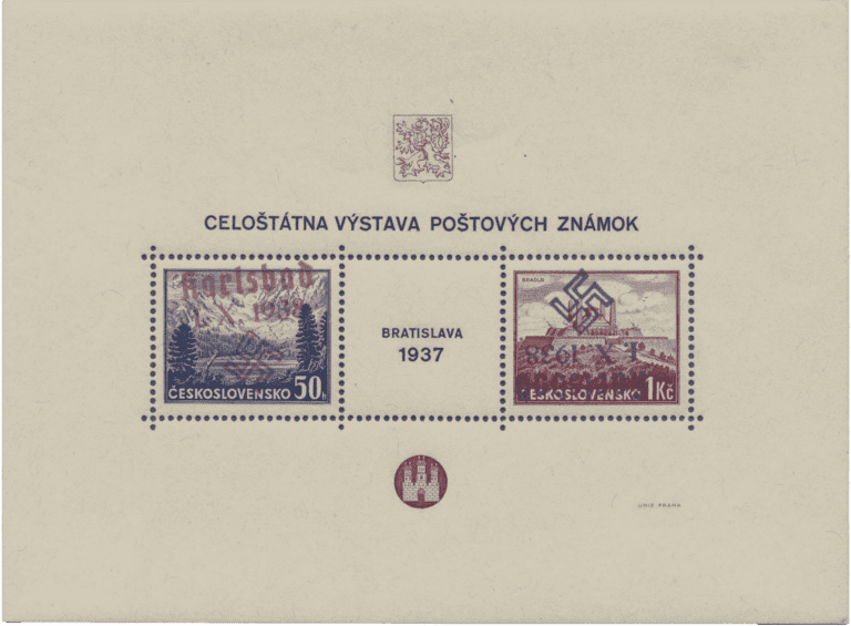 Sudetenland | czechoslovakian stamp overprint | german occupation | Karlovy Vary | Carlsbad | 1938 | Block 1 K