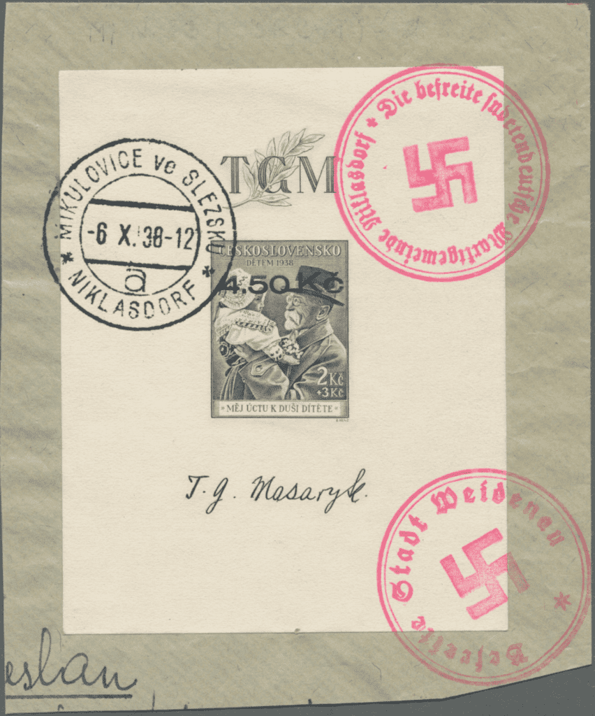 Aufdruck von Niklasdorf (Mikulovice) | Sudetenland | Die Postwertzeichnen des Sudetenlandes | Masaryk | Michel Block B2