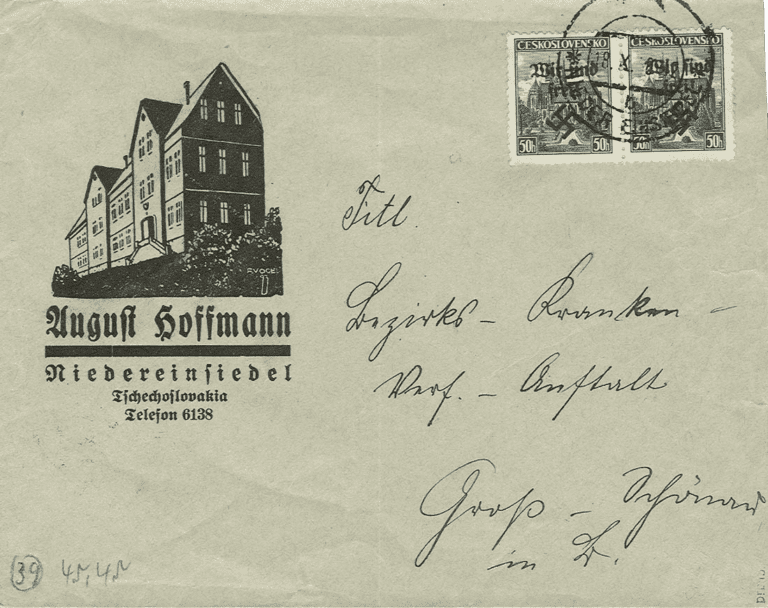 Rumburk | Rumburg | Sudetenland stamp overprint 1938 | German occupation of Czechoslovakia | Sudeten | postage stamp overprints | A letter from Dolní Poustevna (Nieder Einsiedel) with 52 to Groß-Schönau (18. October 1938)