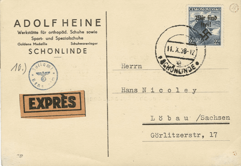 Rumburk | Rumburg | Sudetenland stamp overprint 1938 | German occupation of Czechoslovakia | Sudeten | postage stamp overprints | An express letter with 14 from Krásná Lípa (Schönlinde) to Löbau (11 October 1938)