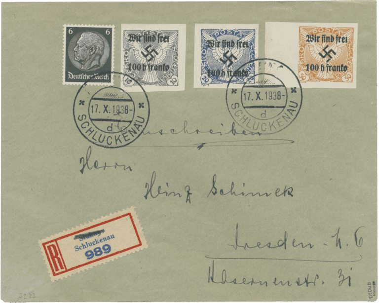 Rumburk | Rumburg | Sudetenland stamp overprint 1938 | German occupation of Czechoslovakia | Sudeten | postage stamp overprints |A letter with 19, 20 and 22 to Dresden (17 October 1938)
