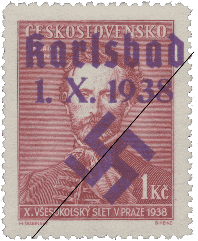 Sudetenland | czechoslovakian stamp overprint | german occupation | Karlovy Vary | overprint stamp 2.1