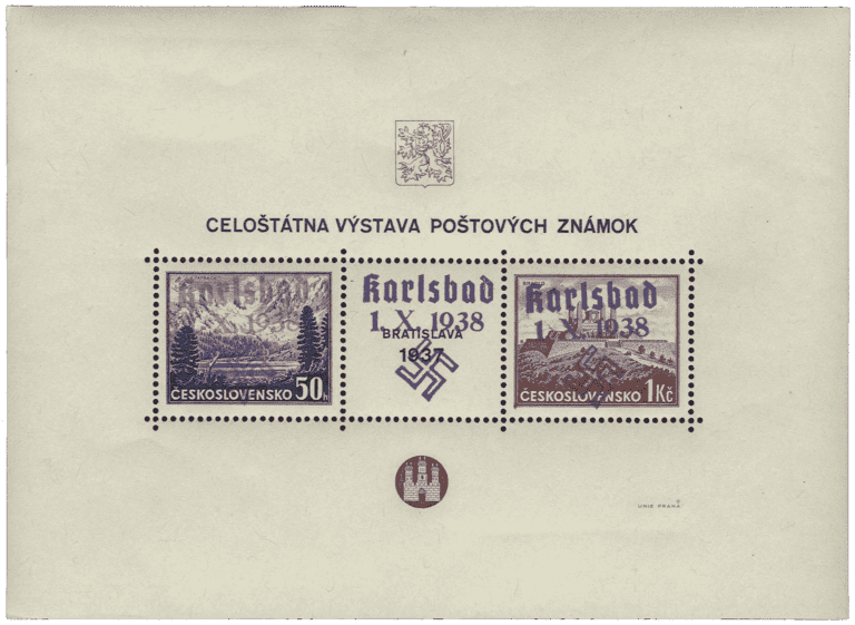 Sudetenland | czechoslovakian stamp overprint | german occupation | Karlovy Vary | Carlsbad | 1938 | Block 1 ZF w