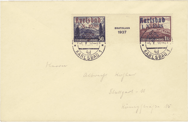 Letter postmarked 4.X.38-../4d to Stuttgart with stamps 47 and 48 | Sudetenland | Karlsbad | Carlsbad 1938
