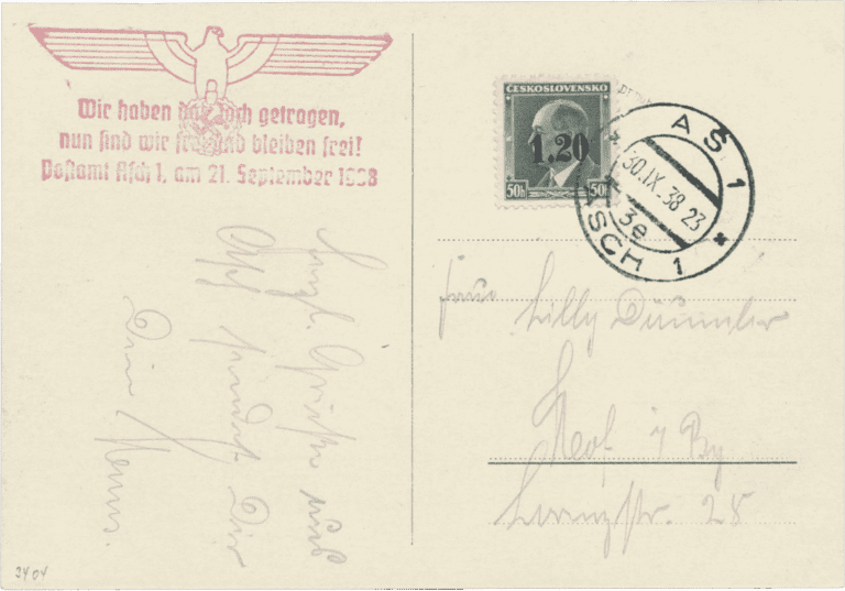 Aš přetisk známky - sudety - sudetenland - Fronthilfekarte - propagandisticka pohlednice - Michel 4b