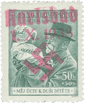 Sudetenland | czechoslovakian stamp overprint | german occupation | Karlovy Vary | Carlsbad | 1938 | Michel 51 b