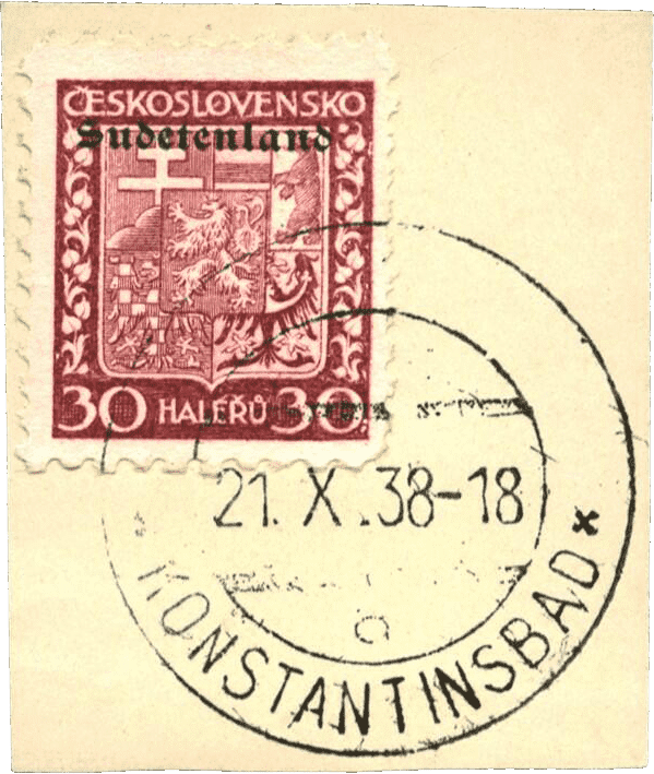 Konstantinovy Lázně nacionalizované poštovní razítko 4a po platnosti 1938 Sudety | Sudetenland
