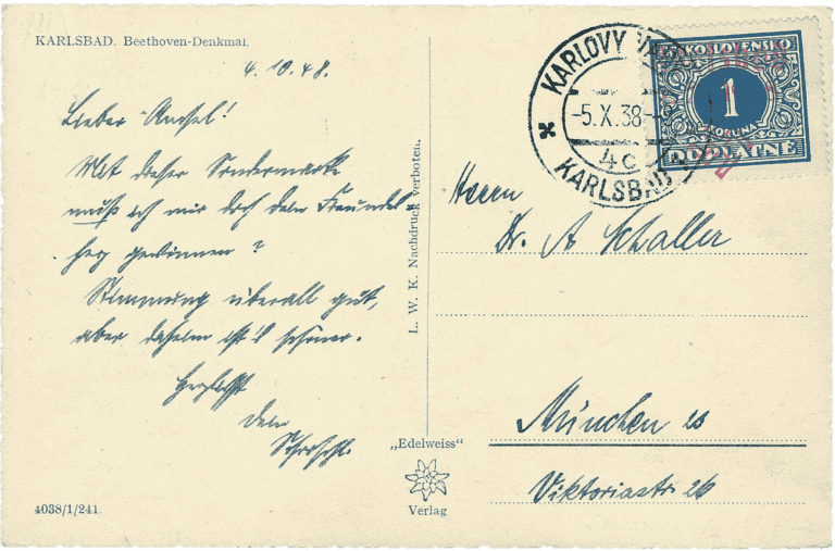 Sudetenland | czechoslovakian stamp overprint | german occupation | Karlovy Vary | Carlsbad | 1938 | Letter with 37 with czech postmark 5.X.38 to Munich