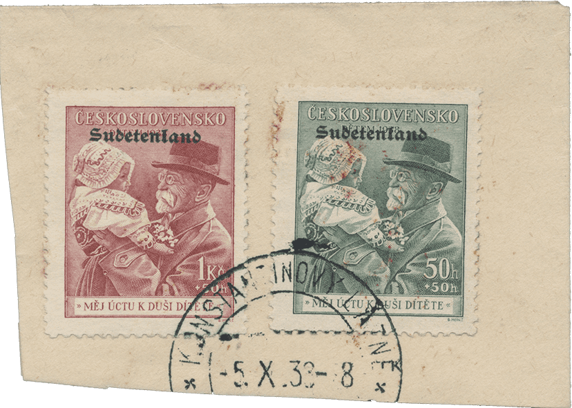 Konstantinovy Lázně overprint of czechoslovakian stamp | german occupation | 1938 | sudetenland crisis | Konstantinsbad Michel 26 27