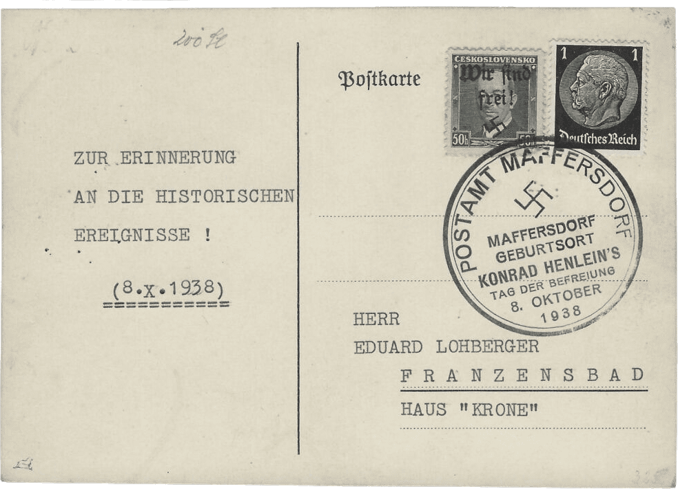 Dopis 1938 Sudety | Sudetenland | Maffersdorf | Mi. 22 | Františkovy Lázně