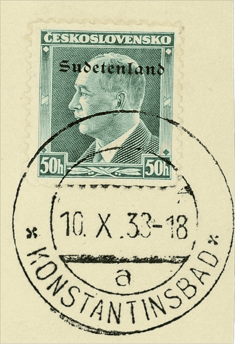 Konstantinovy Lázně overprint of czechoslovakian stamp | german occupation | 1938 | sudetenland crisis | Konstantinsbad 4a