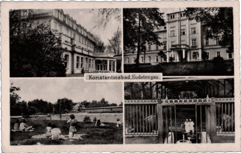 Zeitgenössische Postkarte: Konstantinsbad | Sudetenland 1938 | Sudetengau | Die Postwertzeichen des Sudetenlandes